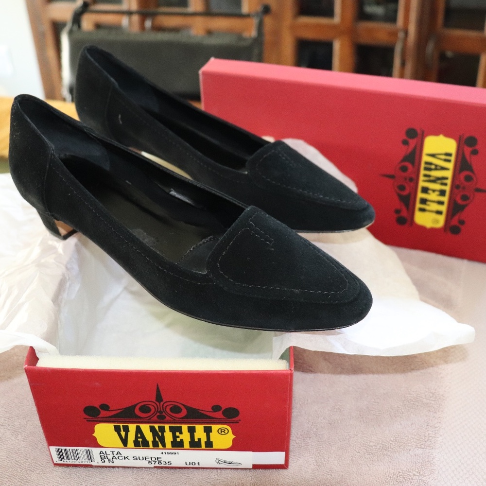 Vaneli Black Suede Kitten Heel Loafer